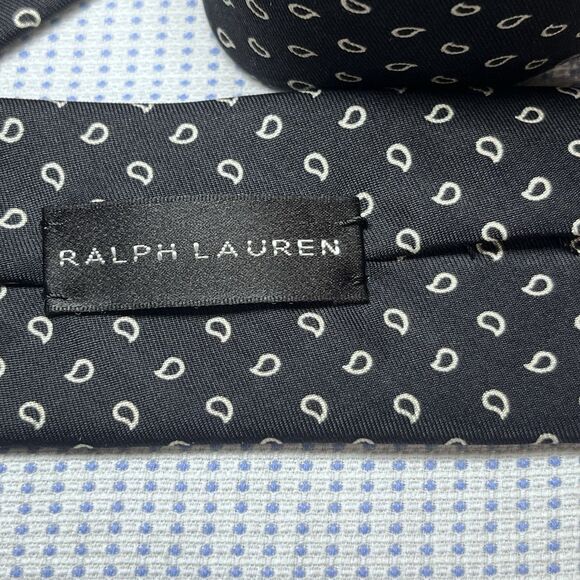 Ralph Lauren Polo Tie Black With Cream Paisleys Hand Made In Italy EUC - Picture 6 of 11